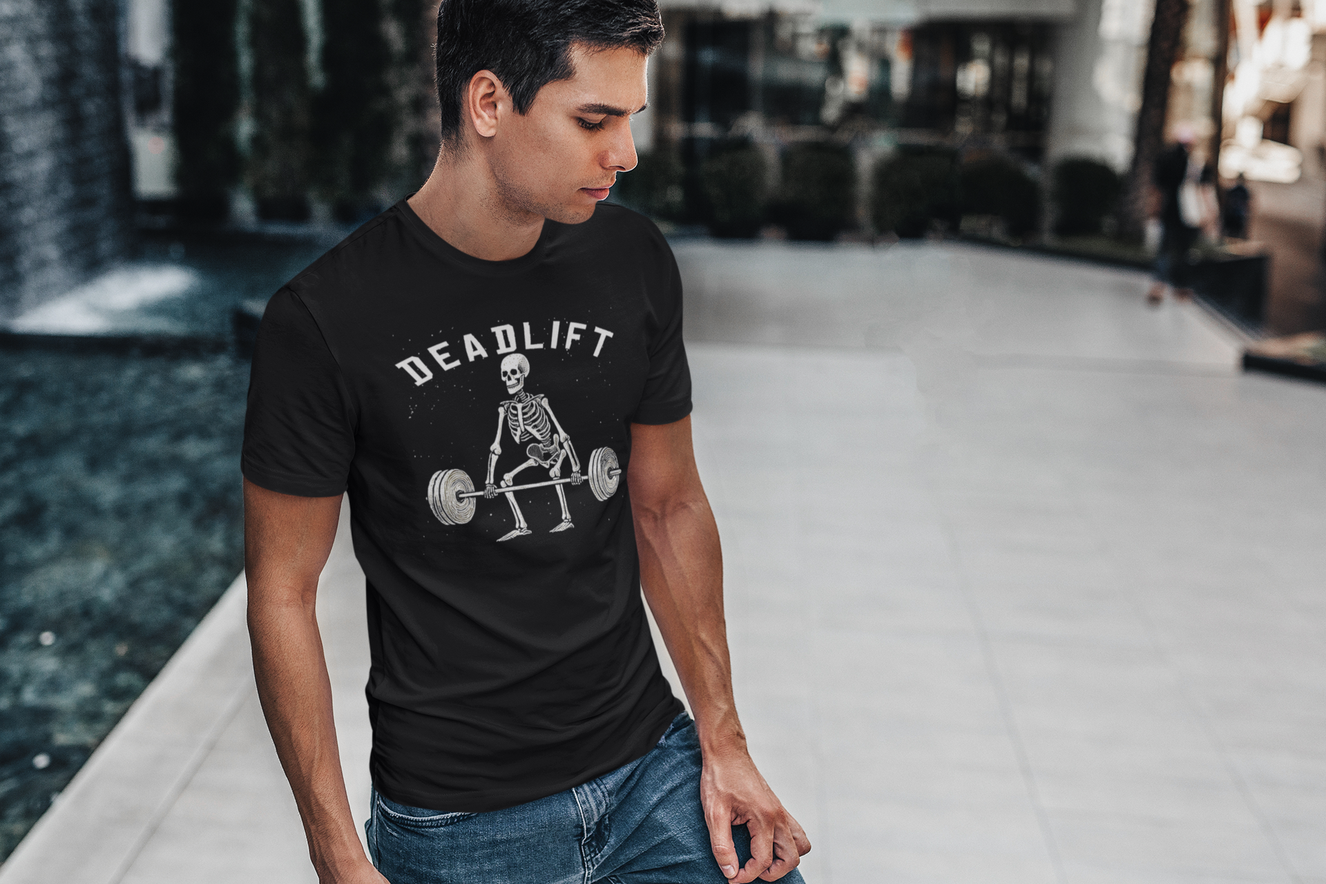 "Fitness Afterlife" tee by Latchkey Tees, humorous gym apparel, outdoor style, cool and edgy t-shirts, punny fitness fashion, versatile skeletal design.